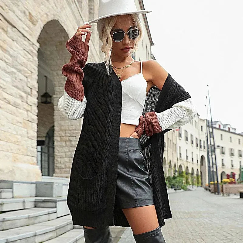 Women’s Long Colorblock Cardigan Sweater – Crew Neck