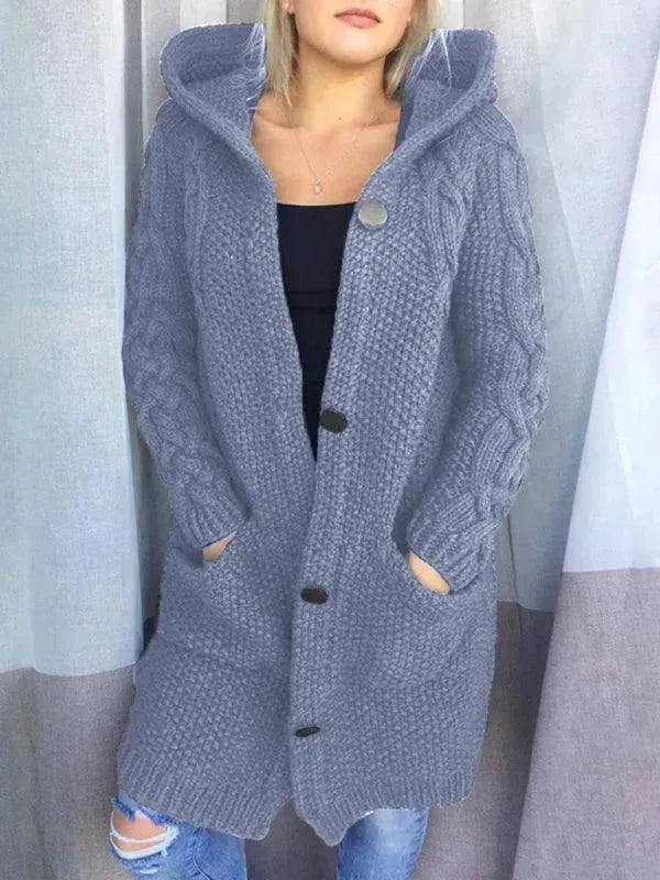 Women’s Long Hooded Cardigan Sweater – Button Front With Pockets
