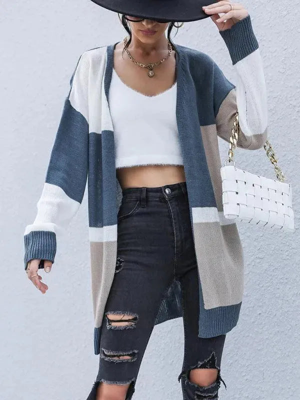 Women's Longline Colorblock V-Neck Cardigan Sweater
