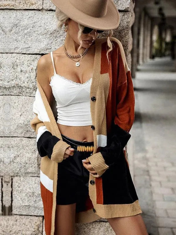 Women's Multicolor Longline Crew Neck Cardigan Sweater