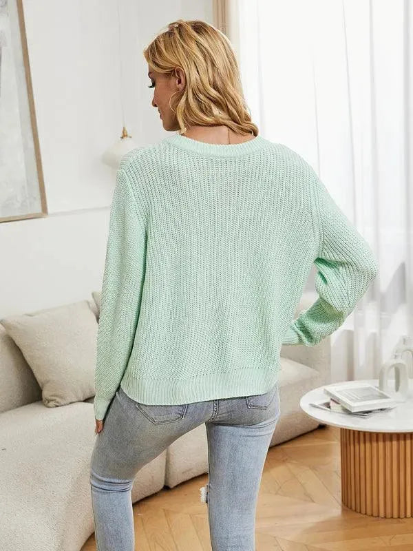 Women's Open Knit Crew Neck Button Cardigan Sweater