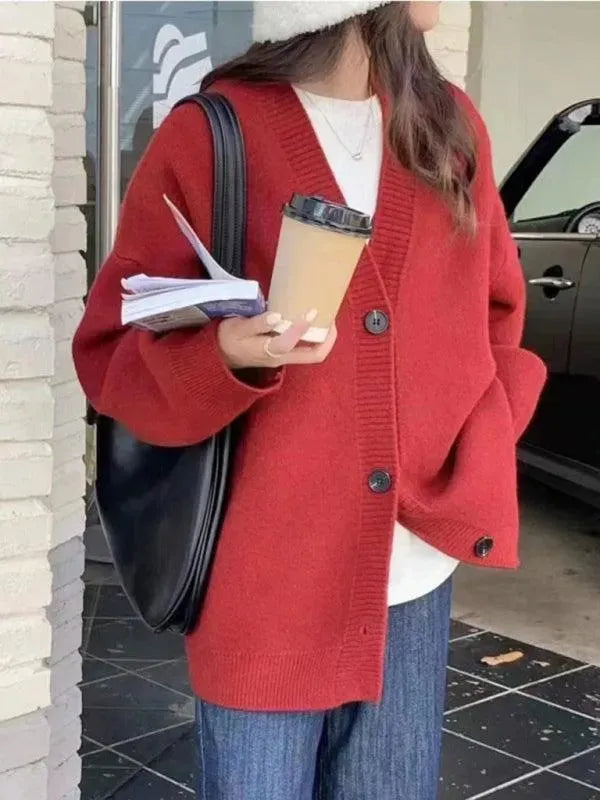 Women's Oversized V-Neck Button Cardigan Sweater