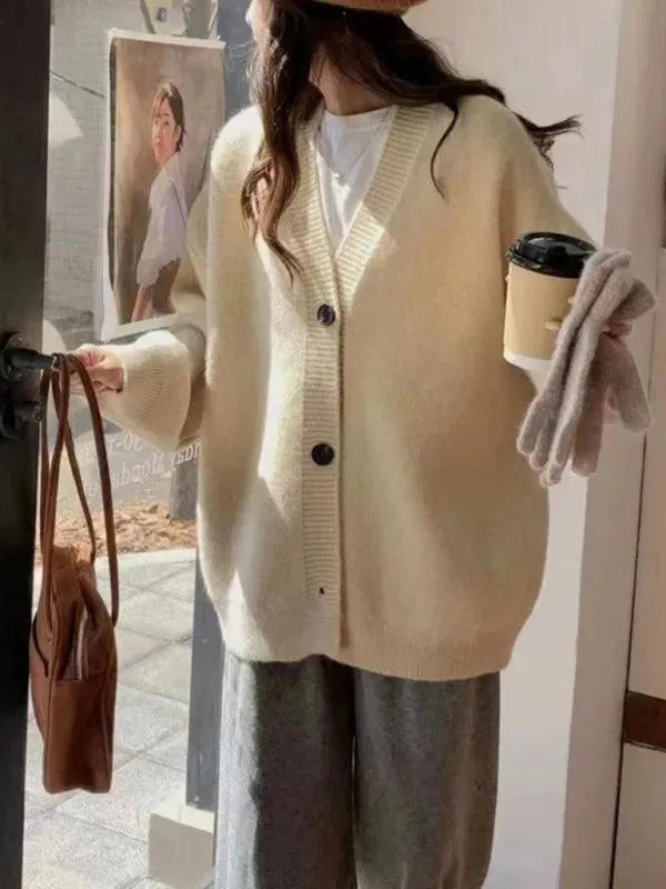 Women's Oversized V-Neck Button Cardigan Sweater