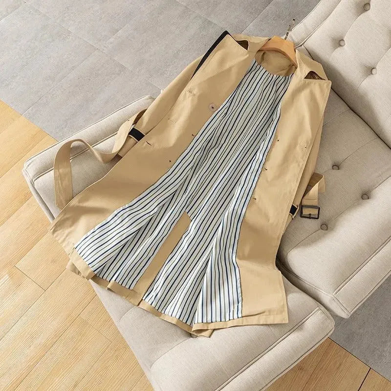 Women's Patchwork Trench Coat Belted Casual Style
