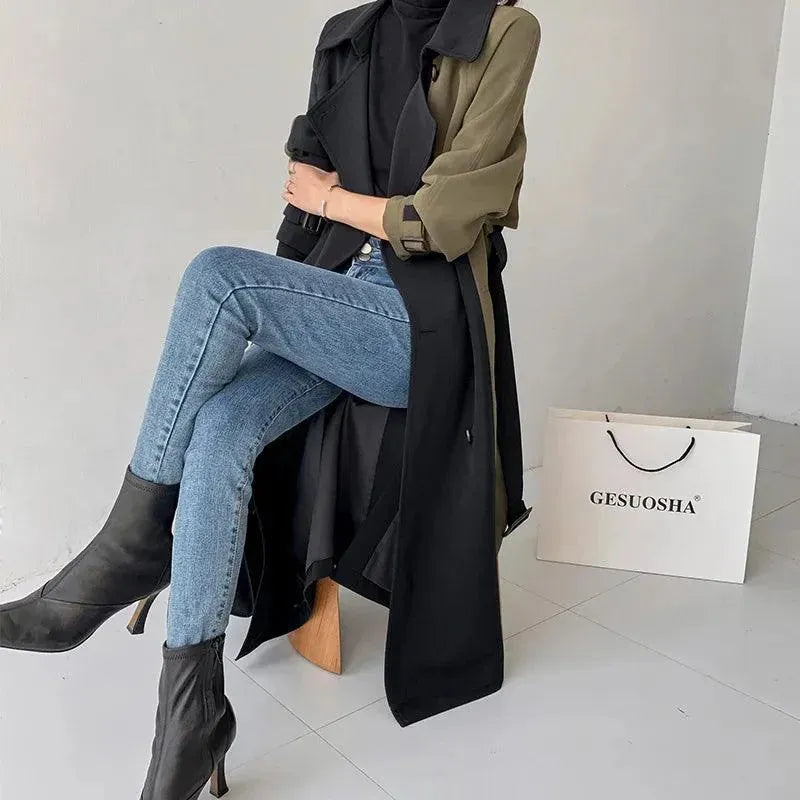 Women's Patchwork Trench Coat Belted Long Style