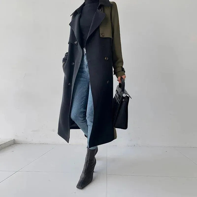 Women's Patchwork Trench Coat Belted Long Style