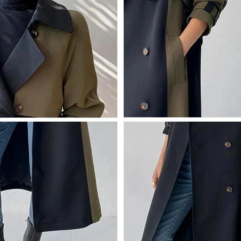 Women's Patchwork Trench Coat Belted Long Style