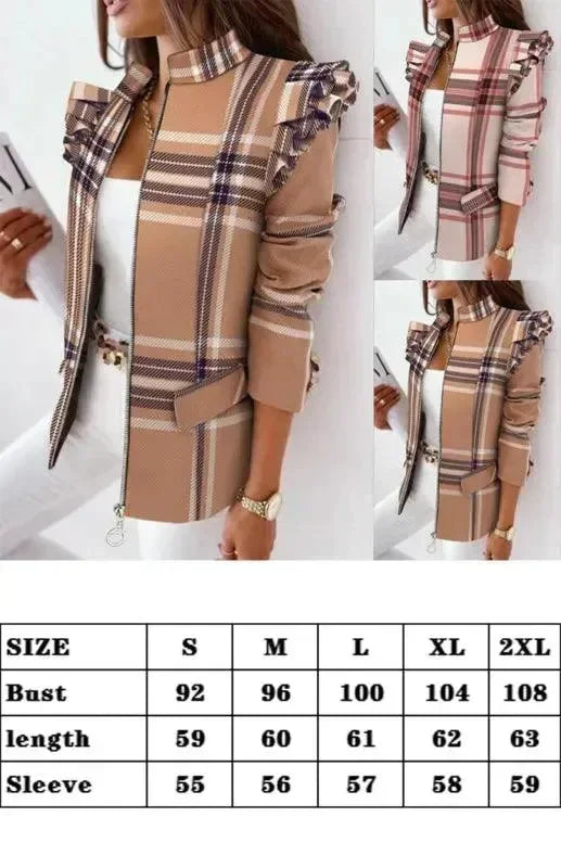 Women's Plaid Duster Coat Slim Fit Zipper Style