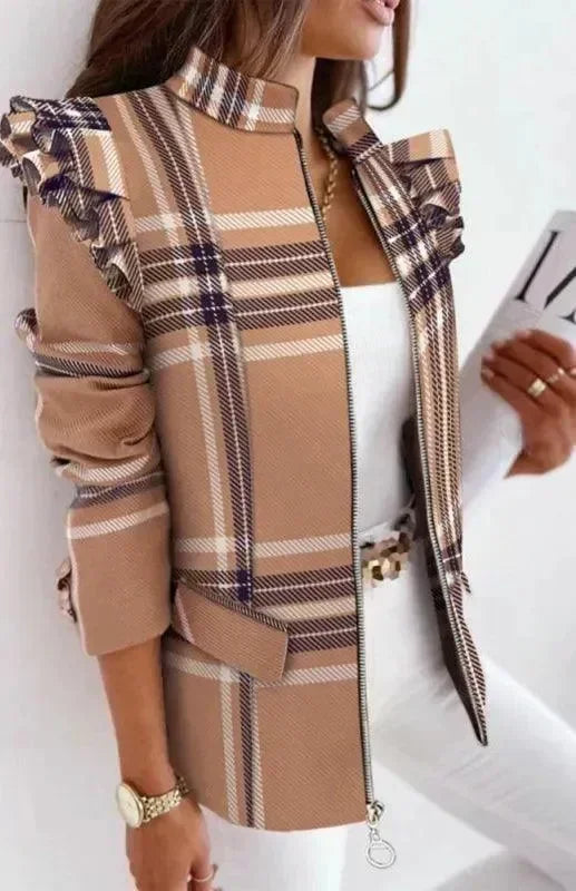 Women's Plaid Duster Coat Slim Fit Zipper Style