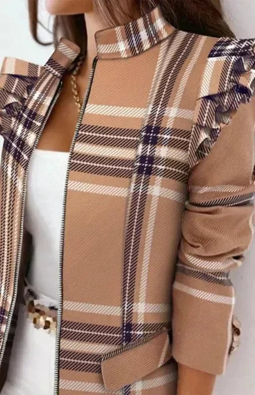 Women's Plaid Duster Coat Slim Fit Zipper Style
