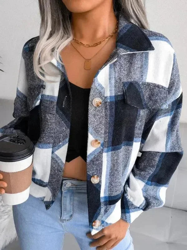 Women's Plaid Trucker Coat Loose Fit Casual Style
