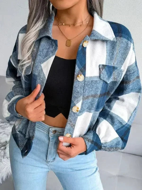 Women's Plaid Trucker Coat Loose Fit Casual Style