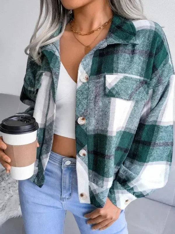 Women's Plaid Trucker Coat Loose Fit Casual Style