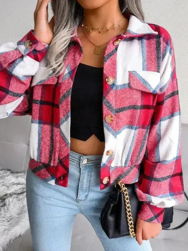 Women's Plaid Trucker Coat Loose Fit Casual Style