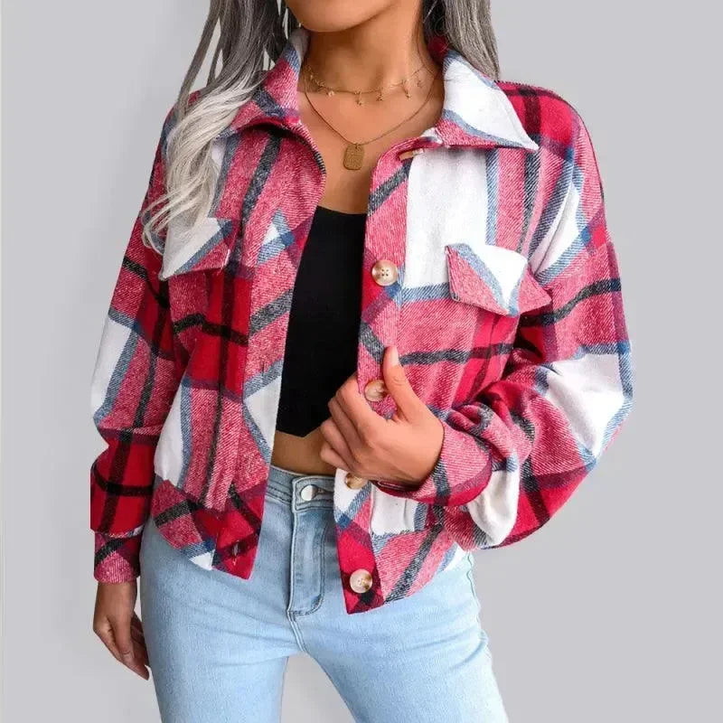 Women's Plaid Trucker Coat Loose Fit Casual Style