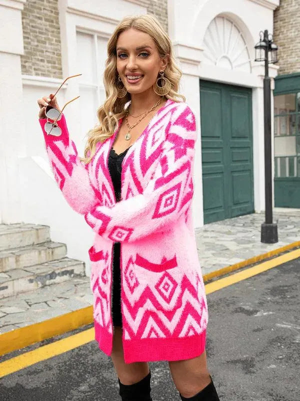 Women's Retro Diamond Longline Cardigan Sweater