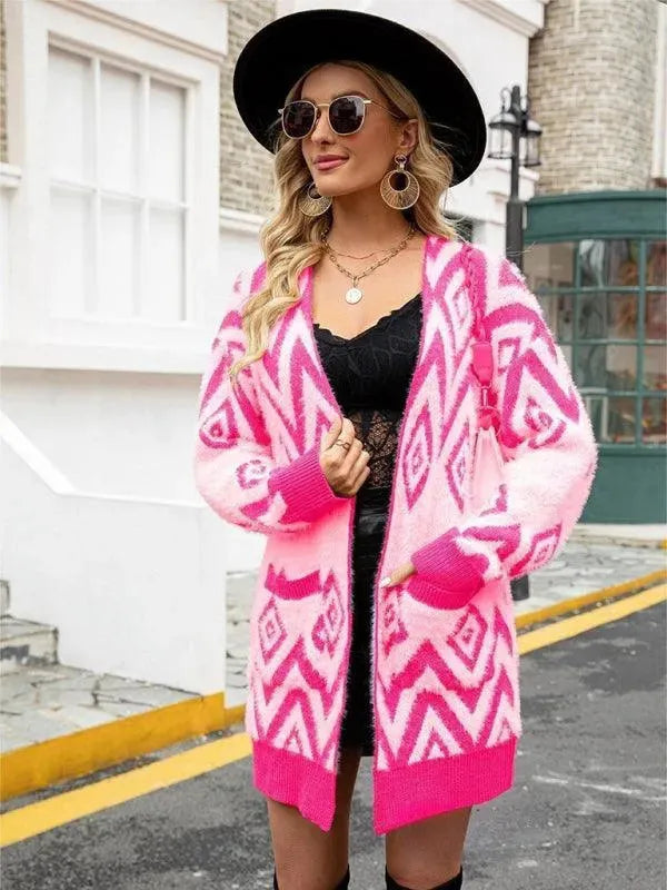 Women's Retro Diamond Longline Cardigan Sweater