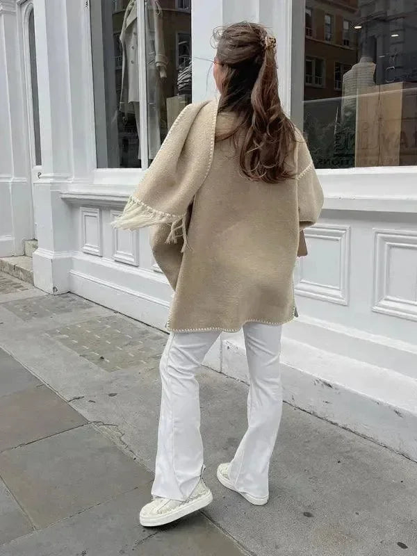 Women's Shawl Coat Fringed Hem Warm Style