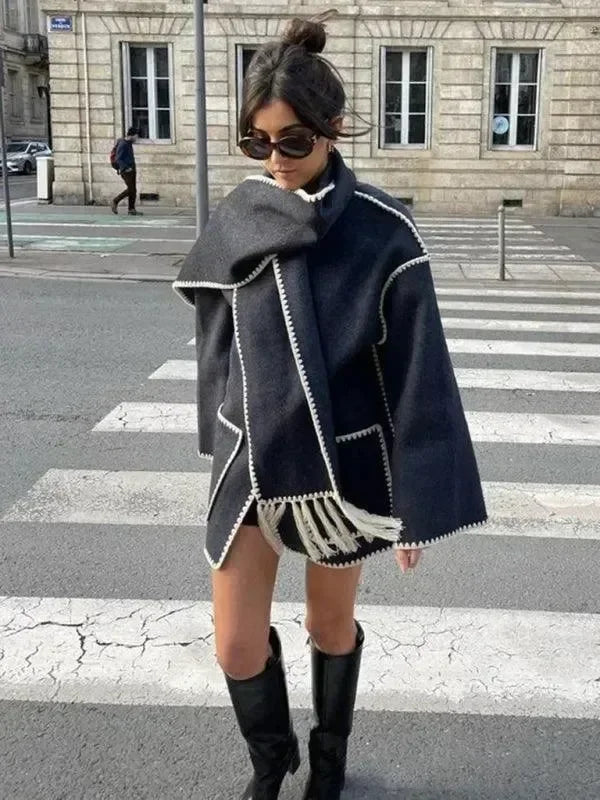 Women's Shawl Coat Fringed Hem Warm Style