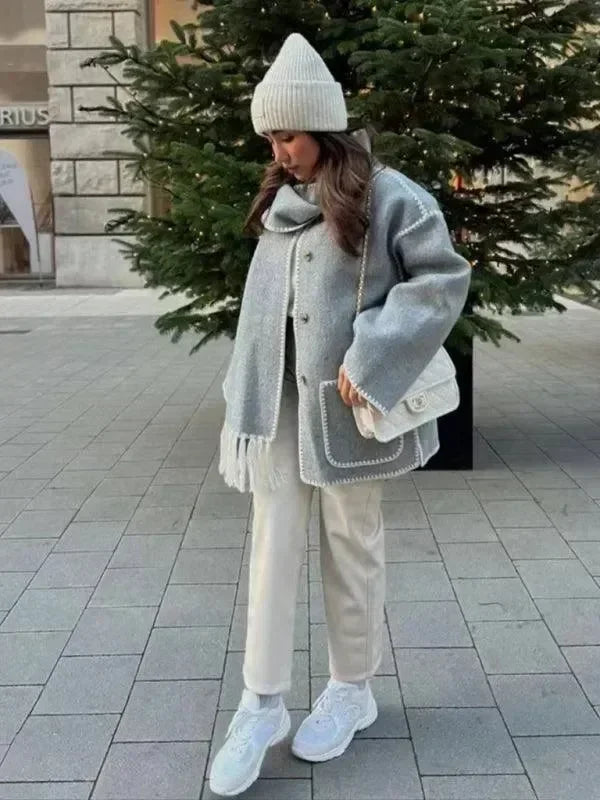 Women's Shawl Coat Fringed Hem Warm Style
