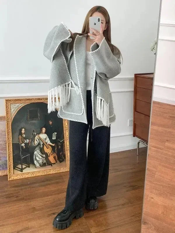 Women's Shawl Coat Fringed Hem Warm Style