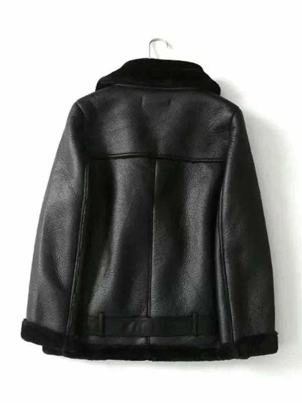 Women's Shearling Motorcycle Coat Belted Casual Style