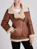 Women's Shearling Motorcycle Coat Belted Casual Style