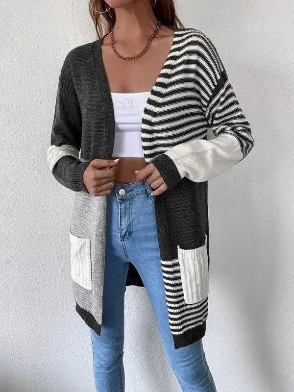 Women’s Striped Longline Cardigan Sweater – Colorblock Knit