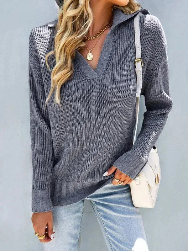 Women’s V-Neck Polo Pullover Sweater – Knit