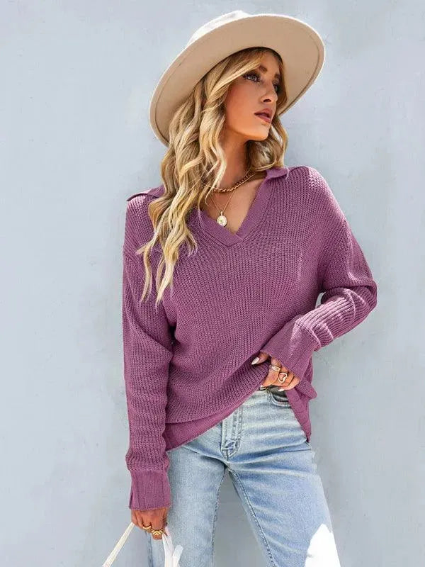 Women’s V-Neck Polo Pullover Sweater – Knit