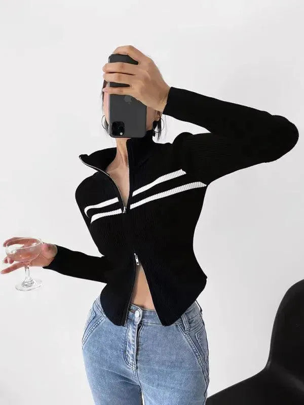 Women’s Zip Mock-Neck Cardigan Sweater – Striped Knit