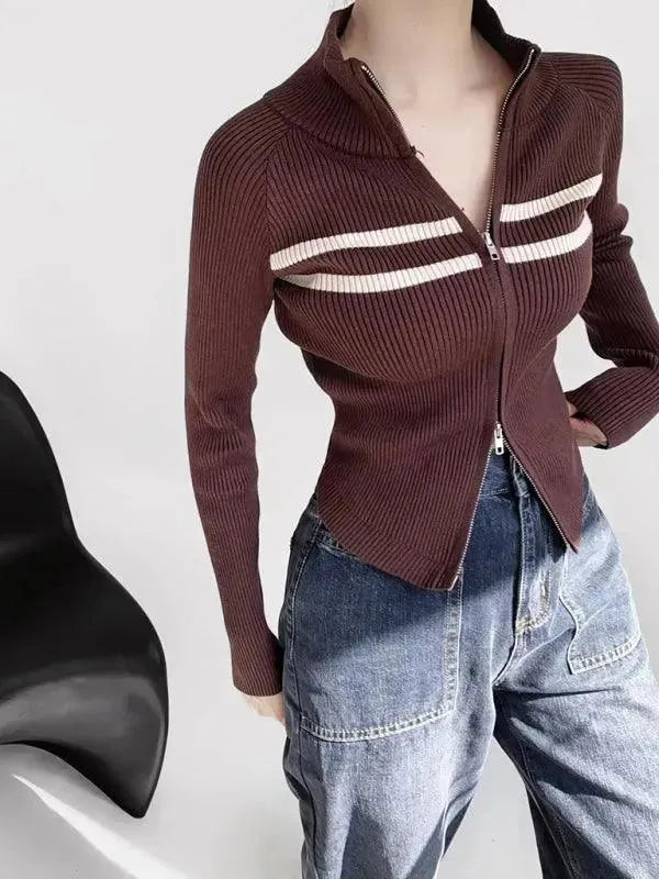 Women’s Zip Mock-Neck Cardigan Sweater – Striped Knit