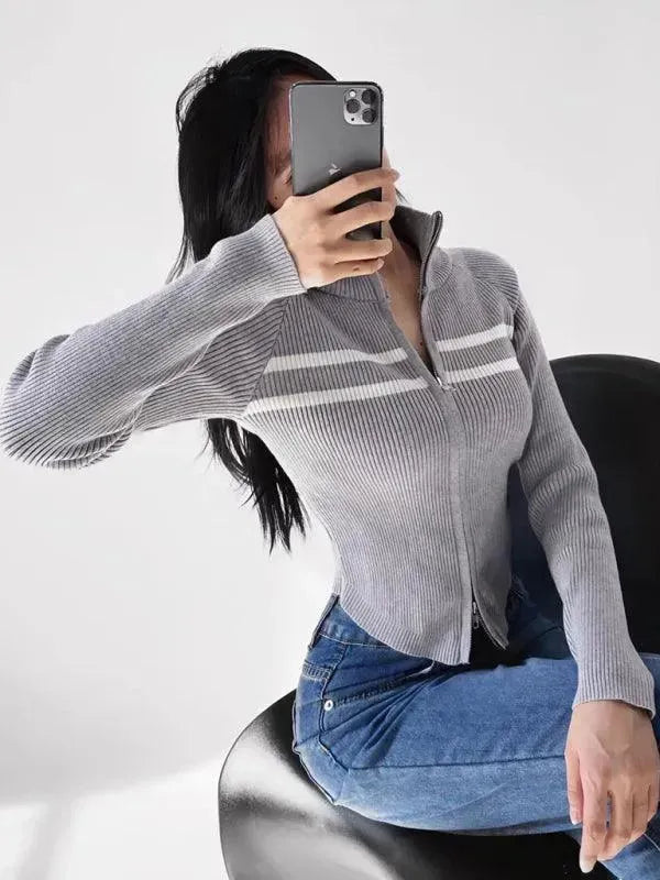 Women’s Zip Mock-Neck Cardigan Sweater – Striped Knit