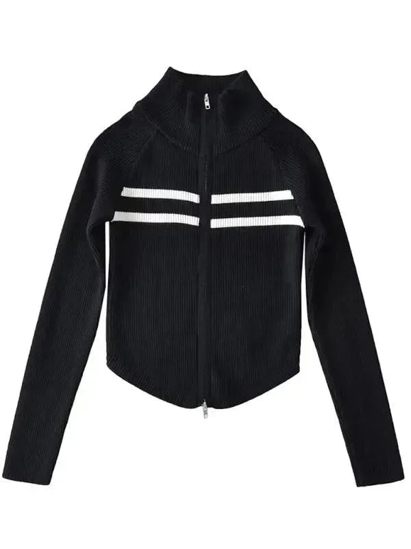 Women’s Zip Mock-Neck Cardigan Sweater – Striped Knit