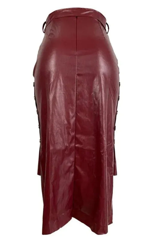 Belted Leather Pencil Midi Skirt with Slit - Leather Pencil Skirt - LeStyleParfait