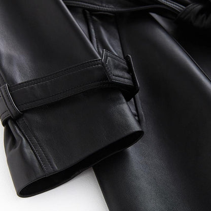 Black Lapel Leather Trench Coat For Women - Coat - LeStyleParfait Kenya