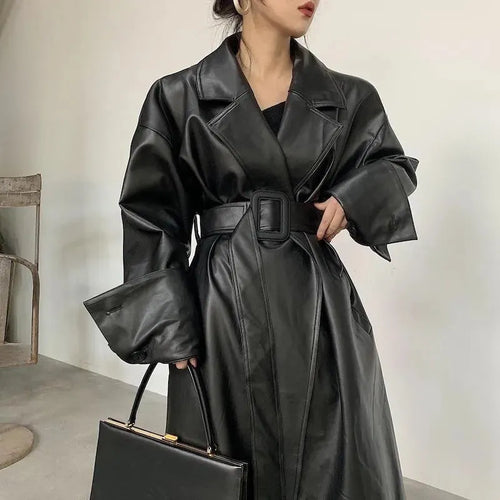 Black Oversized Leather Trench Coat for Women - Trench Coat - LeStyleParfait