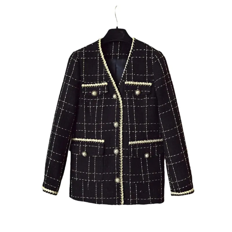 Black V-Neck Plaid Tweed Coat Women - Tweed Coat - LeStyleParfait