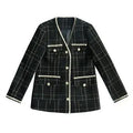 Black V-Neck Plaid Tweed Coat Women - Tweed Coat - LeStyleParfait