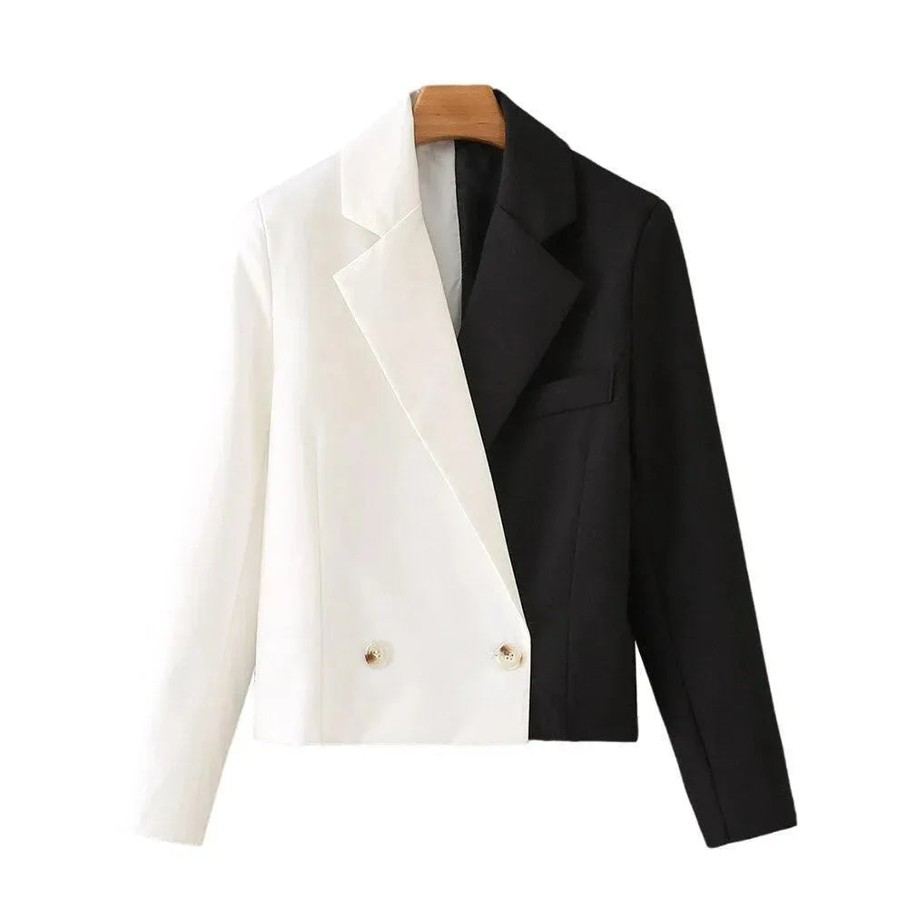 Black-White Crop Blazer Women - Casual - Patchwork - Women's Blazer - LeStyleParfait