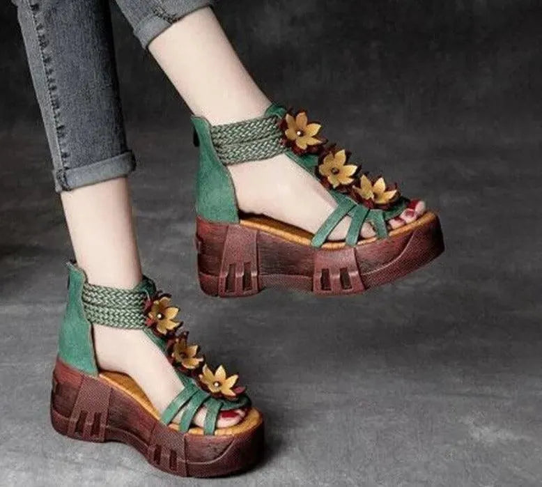 Block Floral Peep Toe Wedge Sandals - Wedge Shoes - LeStyleParfait