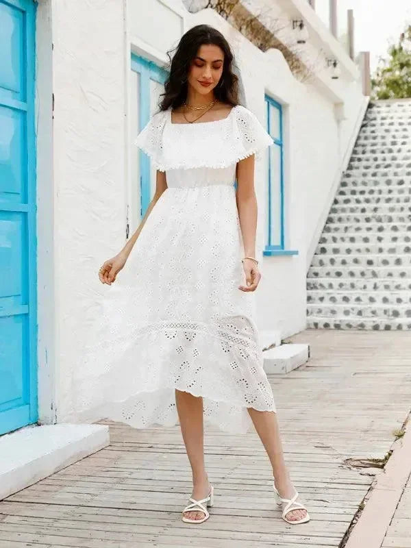 A-line,A-line dress,asymmetrical,asymmetrical dress,brunch,brunch dress,cotton dress,lace,lace dress,lace overlay,lace trim,ladies Wrinkle resistant,maxi,maxi dress,Quick drying maxi dress,regular,regular dress,short sleeve,short sleeve dress,slip-on,slip-on dress,square,square dress,summer,summer dress-LeStyleParfait