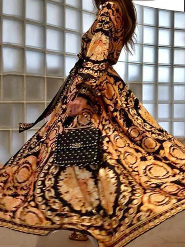 A-line,A-line dress,abstract,abstract dress,chiffon,chiffon dress,flowy,ladies Wrinkle resistant,long sleeve,long sleeves dress,maxi,maxi dress,maxi hemline dress,Quick drying maxi dress,relaxed-fit dress,slit,summer,summer dress,V-neck,V-neck dress,vacation,vacation dress,wrap,wrap tie,wrap-tie dress-LeStyleParfait