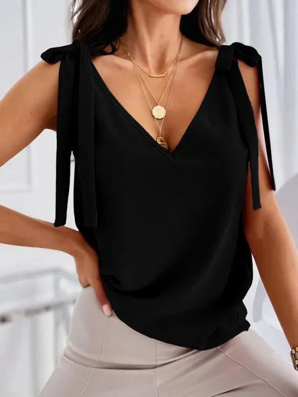 Bow V-neck Knit Women Tank Top - Women Tops & Blouses | LeStyleParfait-Women Tops
