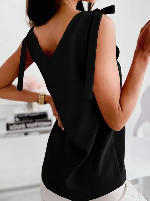 Bow V-neck Knit Women Tank Top - Women Tops & Blouses | LeStyleParfait-Women Tops
