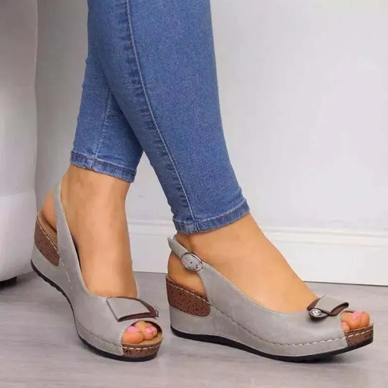 Buckle Peep Toe Wedge Sandals - Wedge Shoes - LeStyleParfait