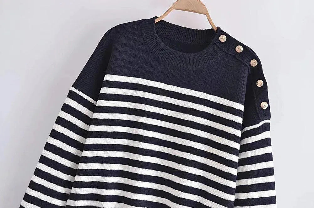 Buttoned Striped Pullover Sweaters - Pullover Sweater - LeStyleParfait