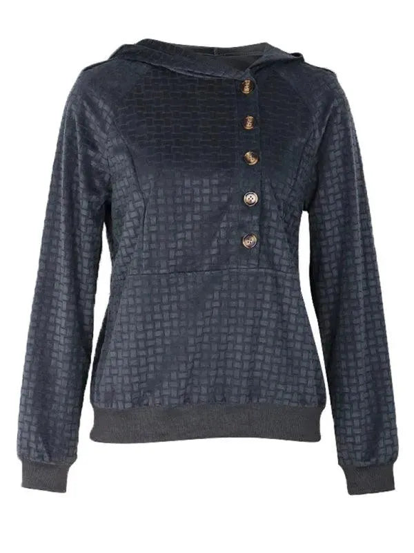 Buttoned Textured Women Hoodie-Women Hoodie-LeStyleParfait