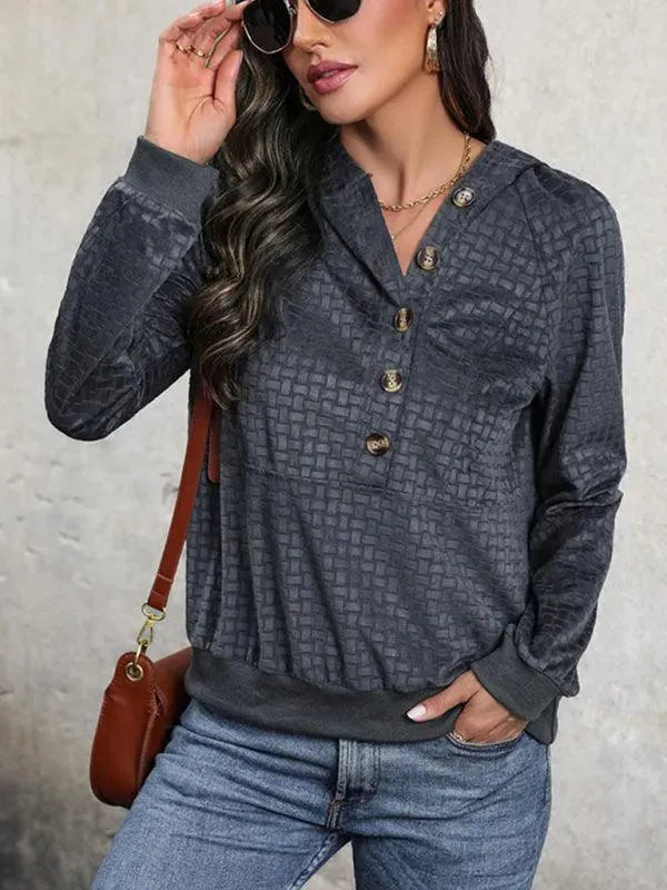 Buttoned Textured Women Hoodie-Women Hoodie-LeStyleParfait