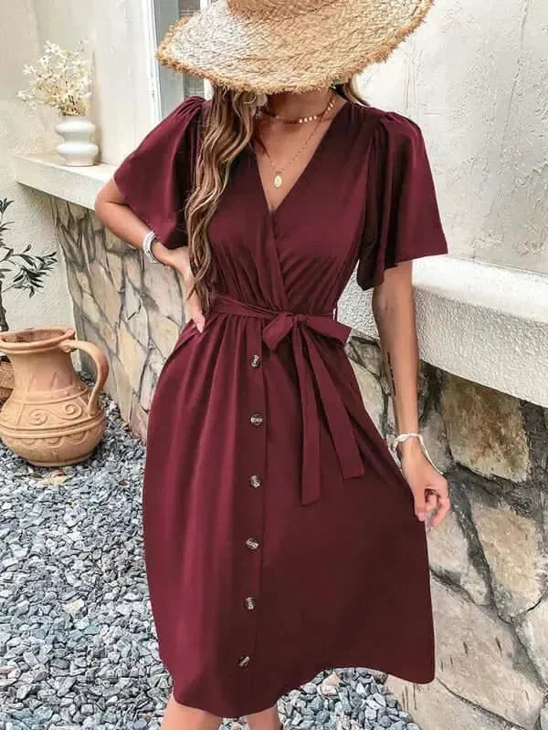 A-line,A-line dress,button-down,button-down dress,buttons,casual,casual dress,cotton,cotton dress,dress dress,ladies Wrinkle resistant,midi,midi hem dress,Quick drying midi dress,regular,regular dress,short sleeve,short sleeve dress,solid,solid dress,straight,summer,summer dress,V-neck,V-neck dress-LeStyleParfait